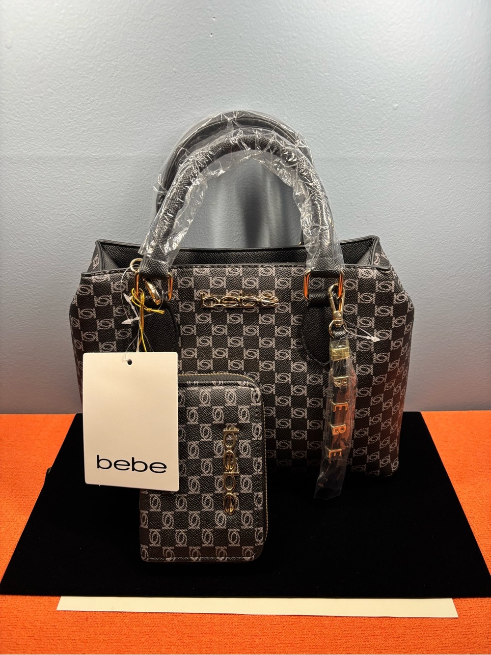 bebe Black & Gray Monogram Satchel with Wallet